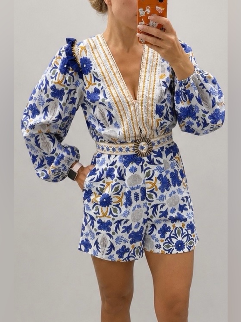 Caroline Constas Floral Embroidered Romper Beaded Belt Blue White Size XS NWT